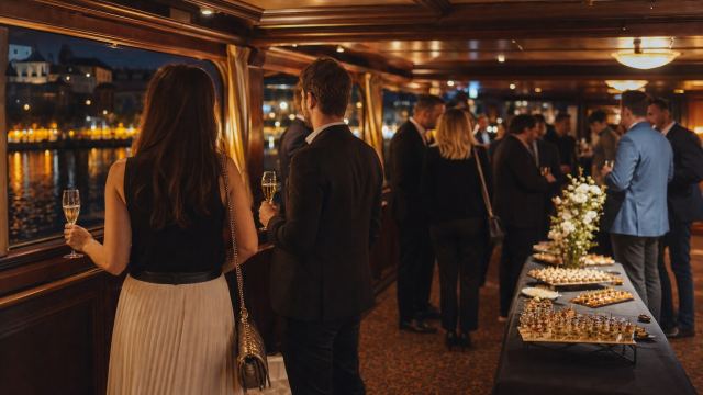 Firemní večírek na palubě lodi s nasvícenou Prahou za okny